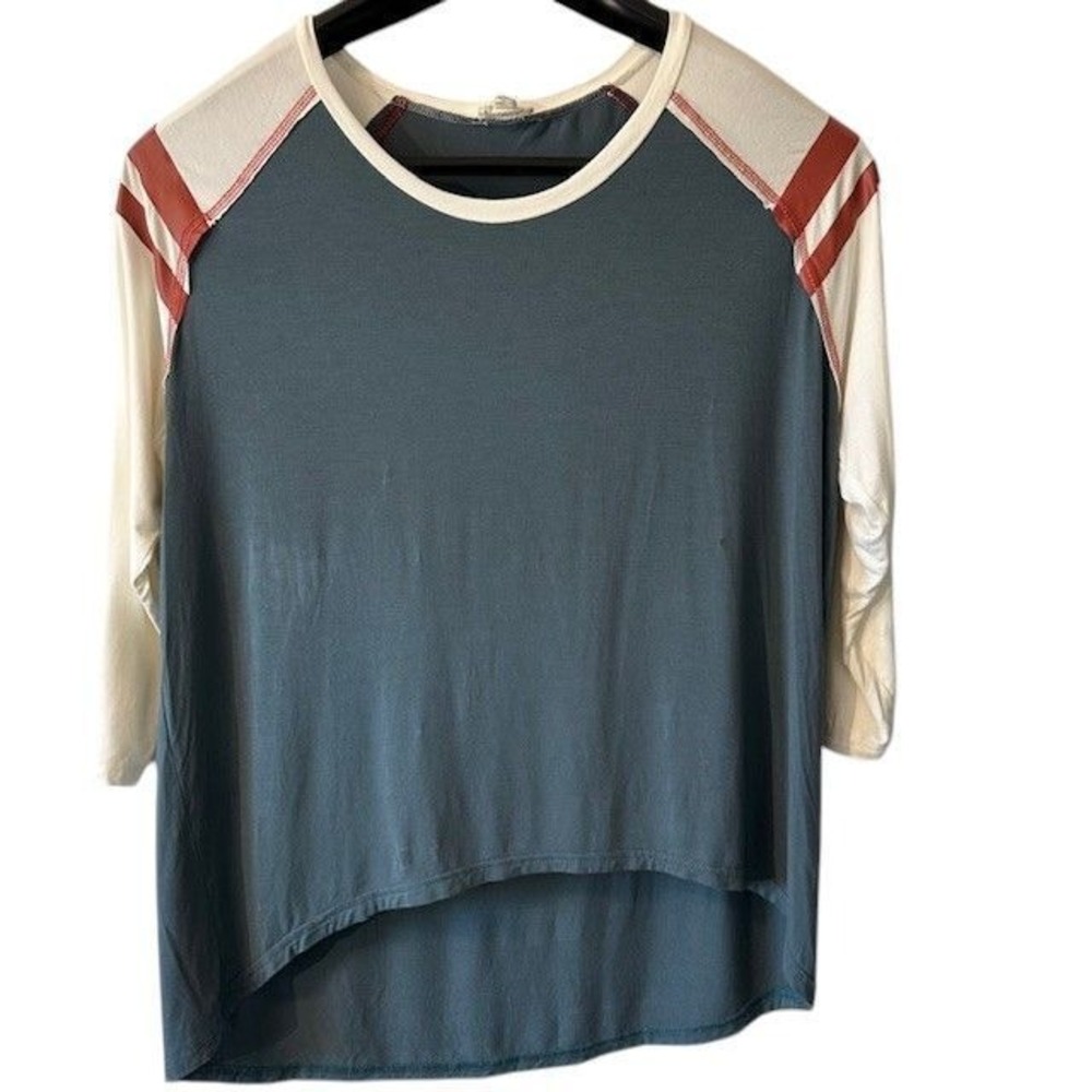 POL Teal Raglan Baseball‎ Top with Rust Stripes Casual Athletic 3/4 Sleeve M